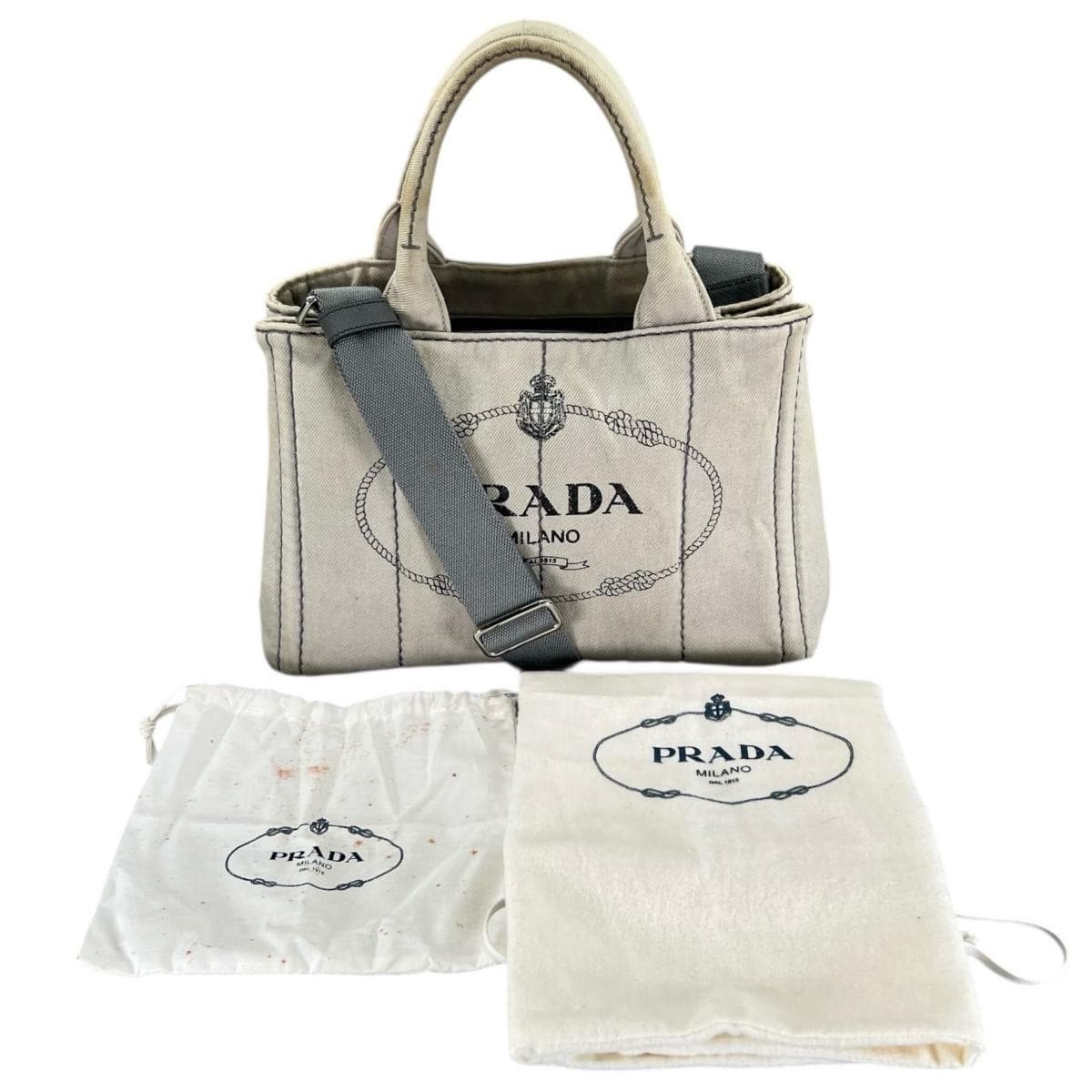 Prada Canvas Denim Tote Bag 1BG439 Beige Vintage Authentic