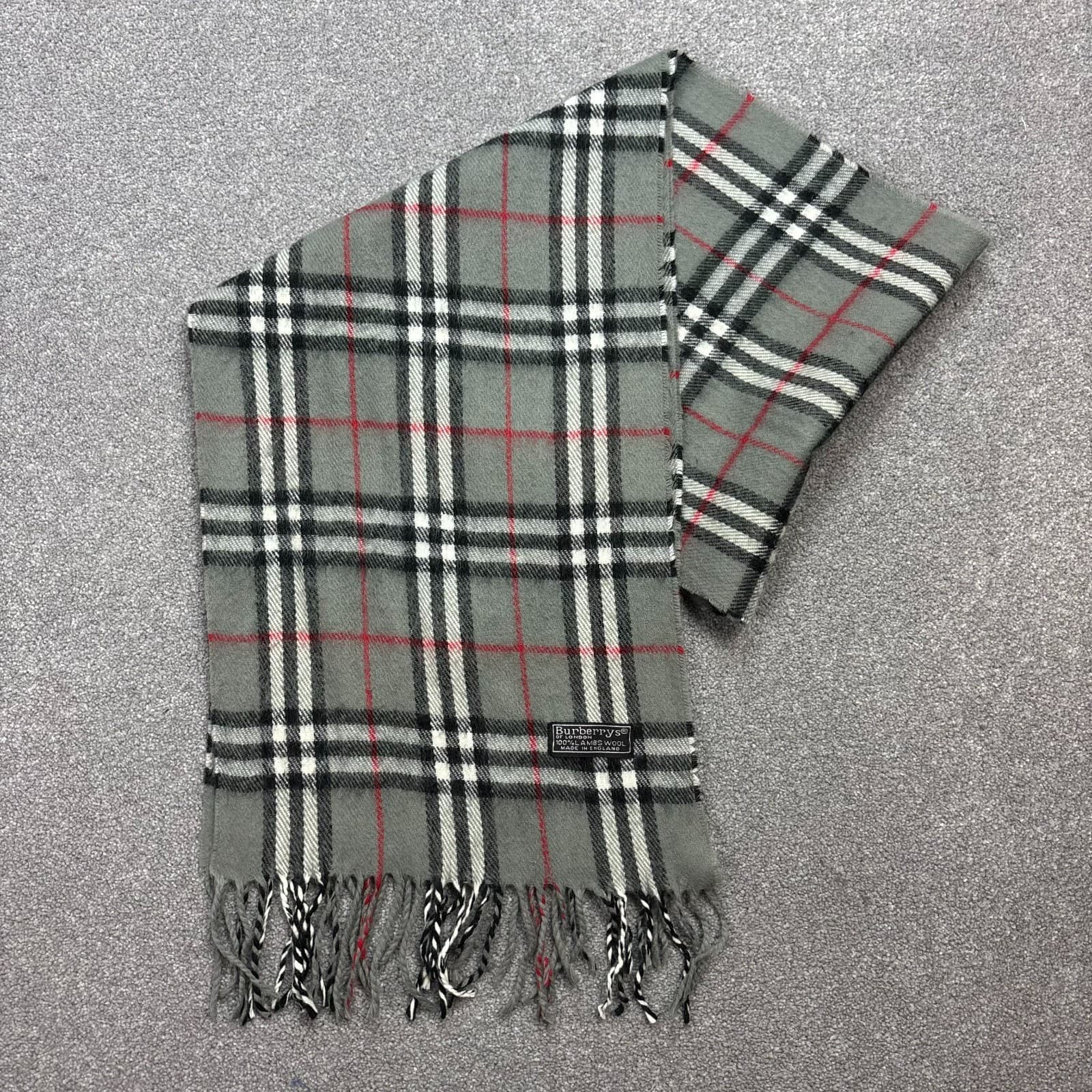 Burberry London Scarf 58x11 Inches Grey 100% Lambswool Nova Check England Made