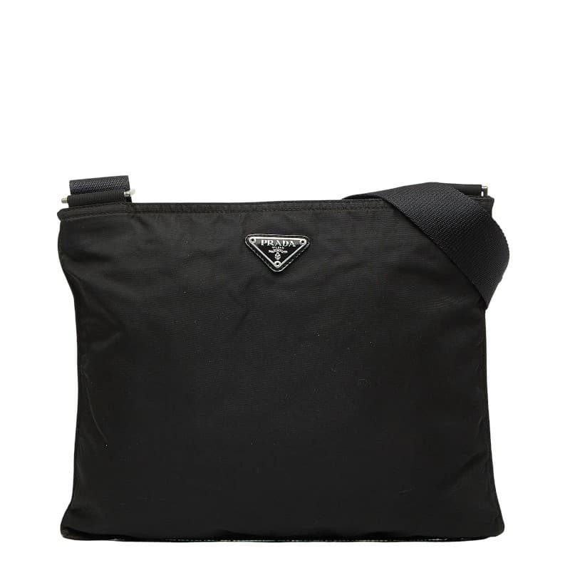 Prada Triangle Logo Plate Black Nylon Leather Shoulder Bag Vintage Authentic