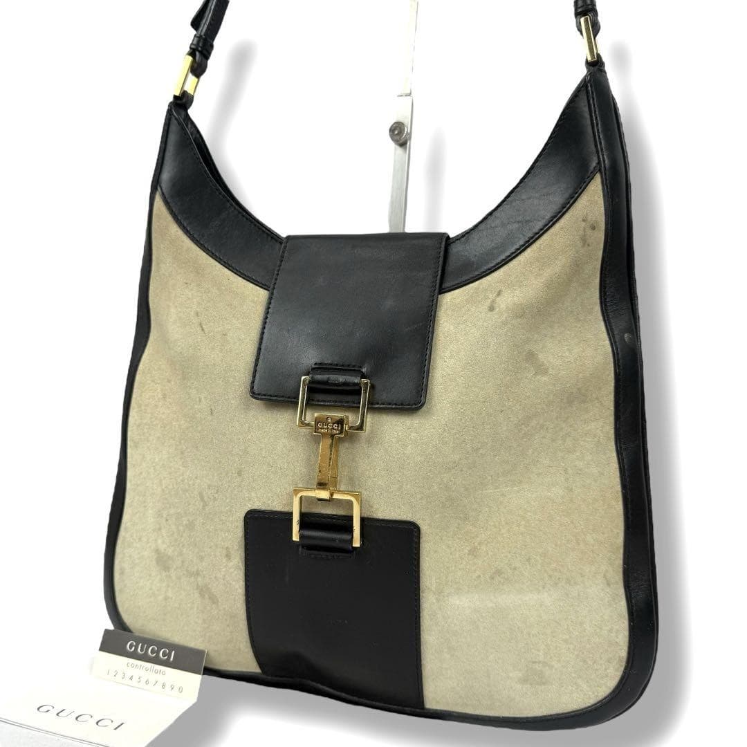 GUCCI Jackie Suede Leather Shoulder Bag Beige Black Women Authentic From Japan