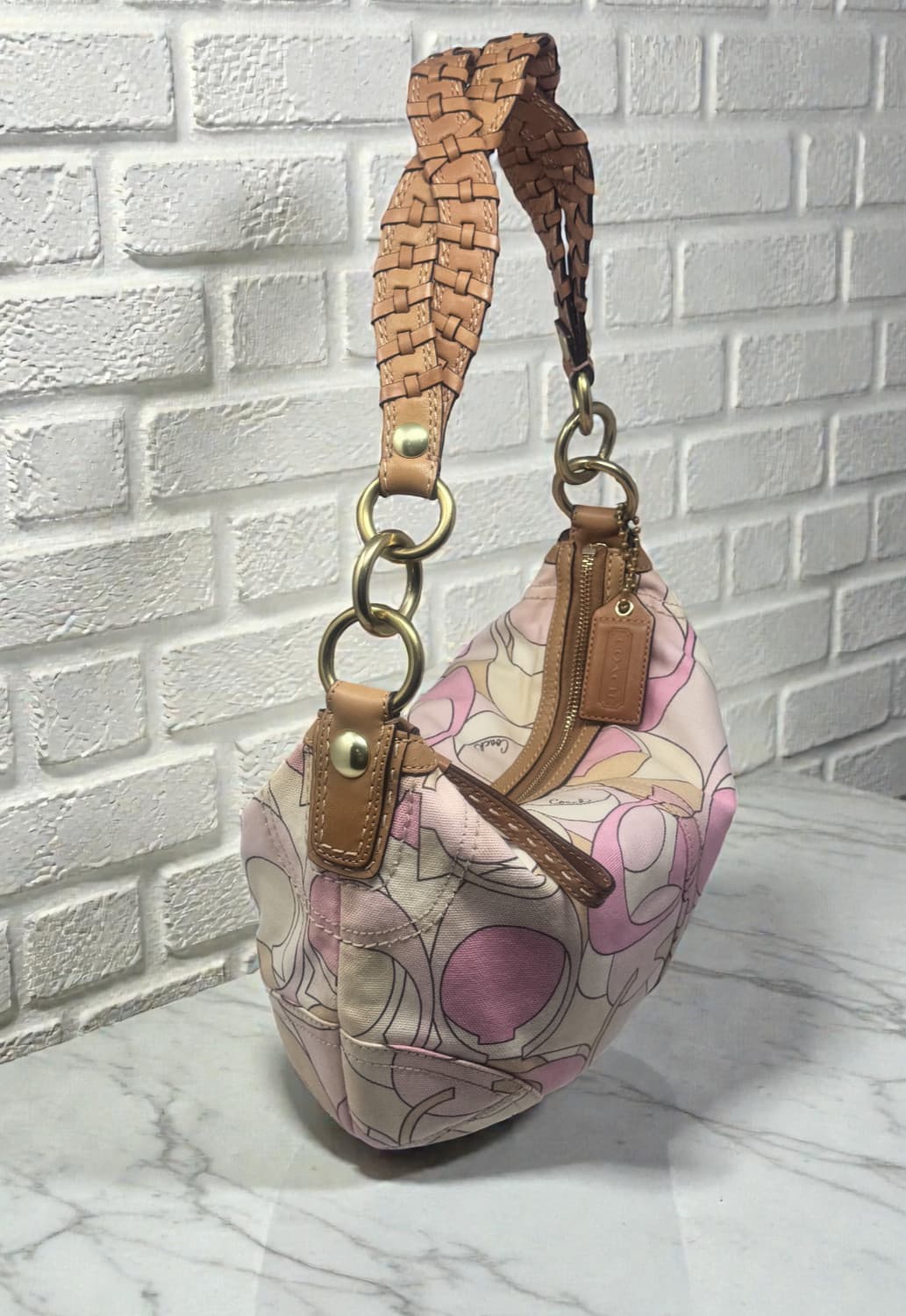 Coach Soho Vintage Pink Pastel Optic Signature Laced Leather Medium Hobo Bag Y2K