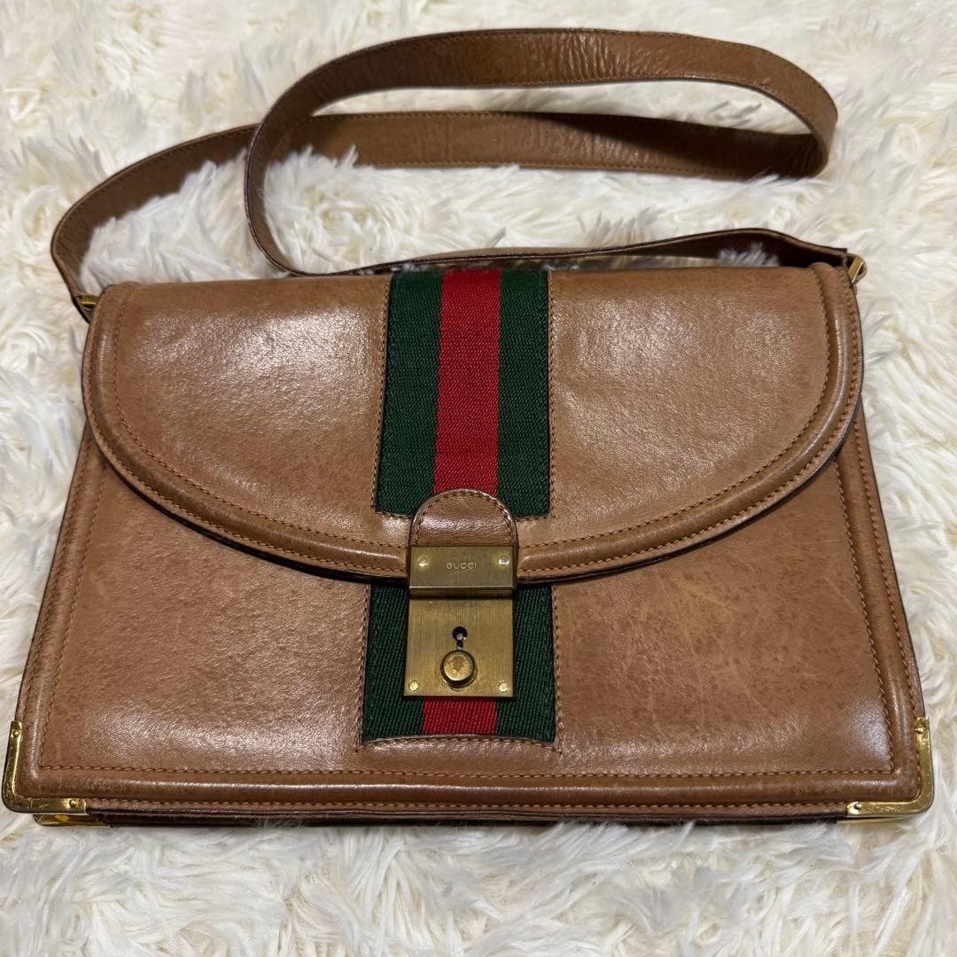 GUCCI Vintage Sherry Line Slide Lock Shoulder Bag Leather Brown Logo From Japan