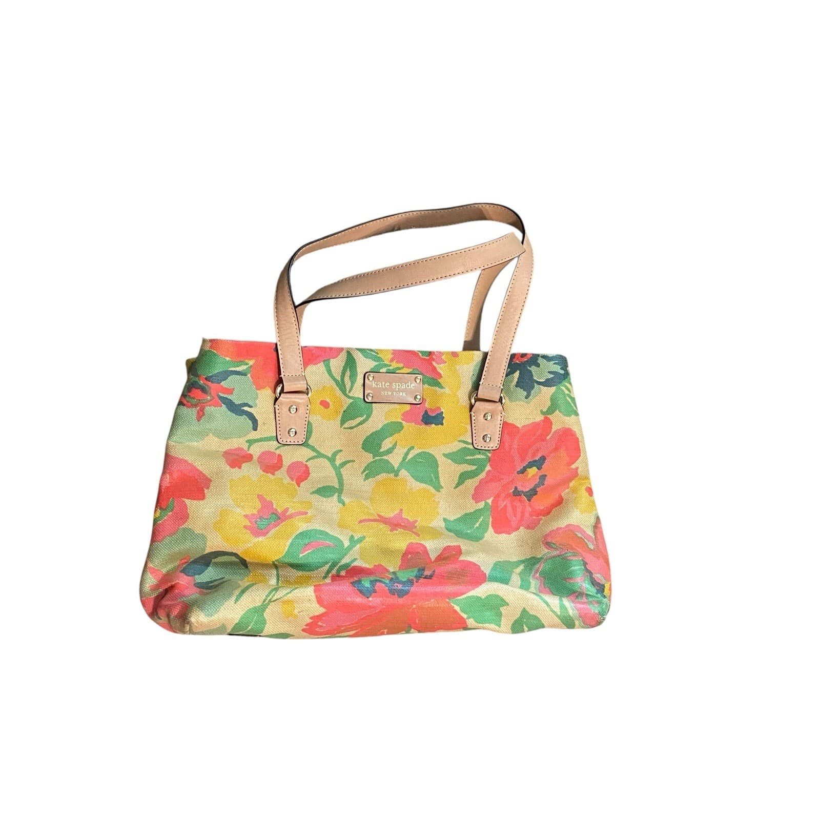 Kate Spade Neutral Spring Floral Burlap Coated Medium Shoulder Bag Purse