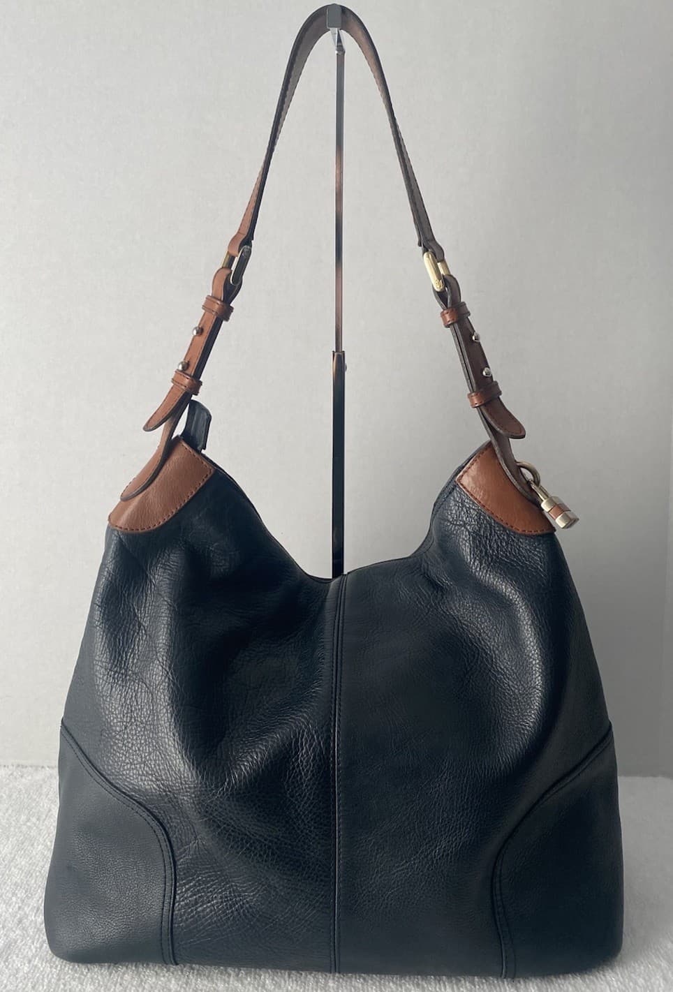 Massimo Dutti Leather Hobo Shoulder Bag Black Brown Vintage Spain