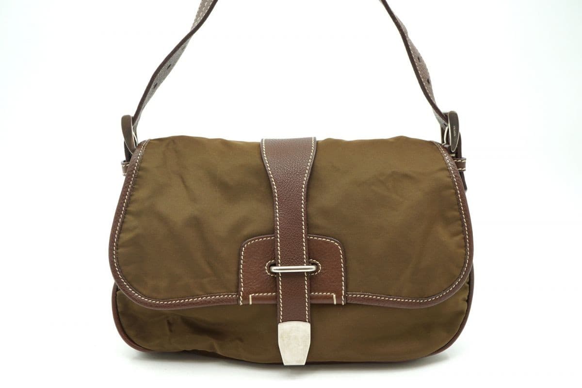 Prada Tessuto Nylon Leather Brown Semi Shoulder Bag Vintage Authentic