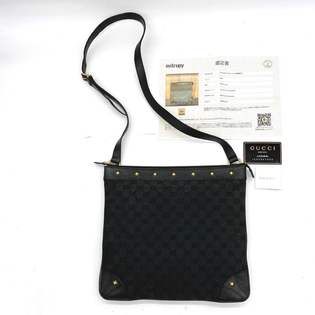 GUCCI 213317 GG Canvas Studded Shoulder Bag Black Made in Italy
