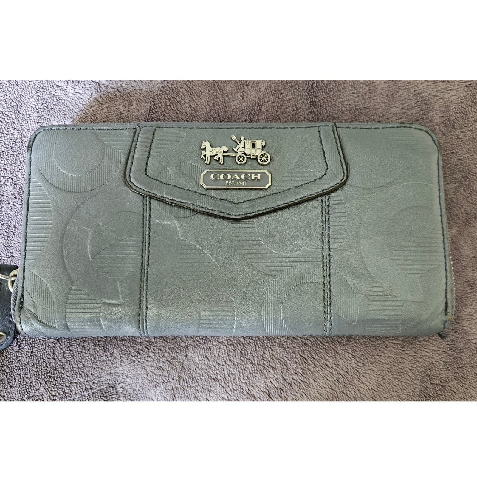 Coach Blue/Grey Signature Zip Around Wallet Designer Purse Clutch Organizer