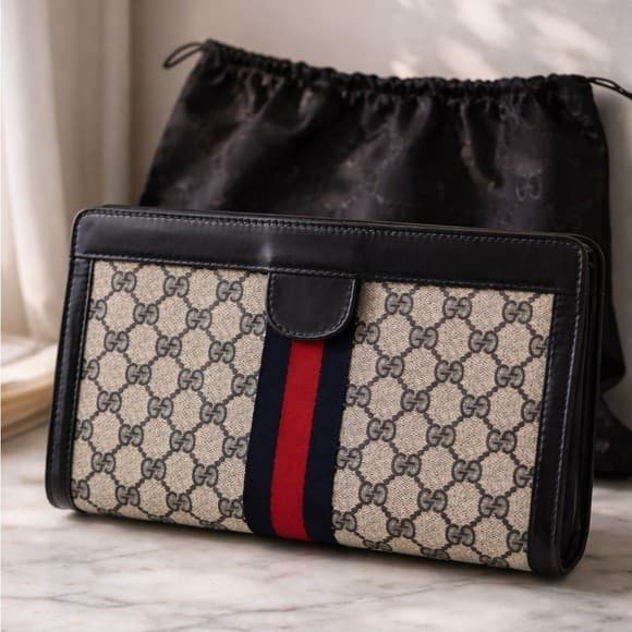 Gucci Vintage Parfums GG Supreme Web Stripe Clutch