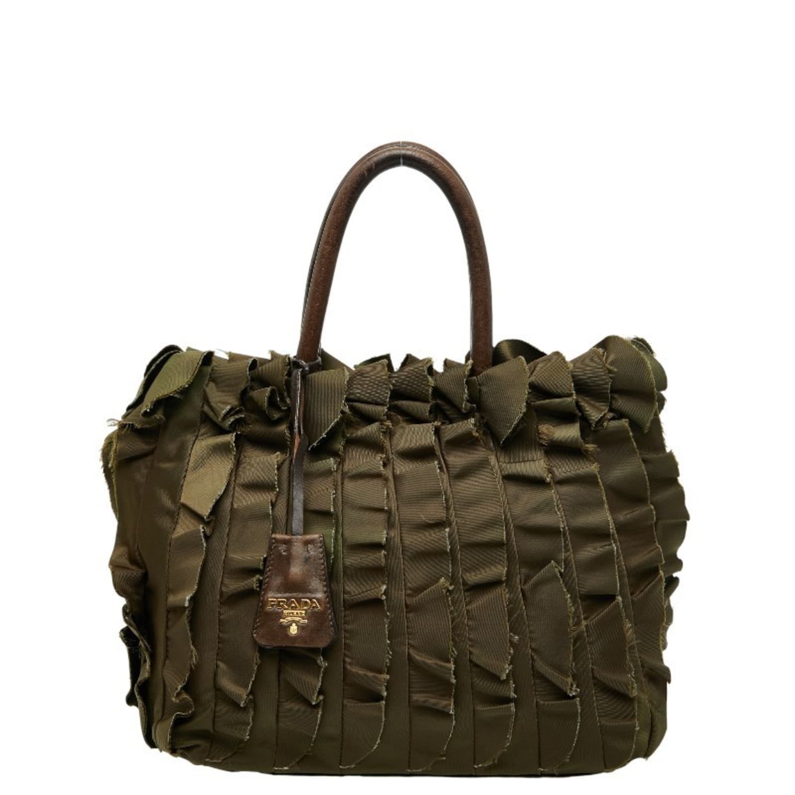 Prada Ruffle Handbag Tote Bag BN1728 Khaki Brown Nylon Leather Wom... GZl1e1lh