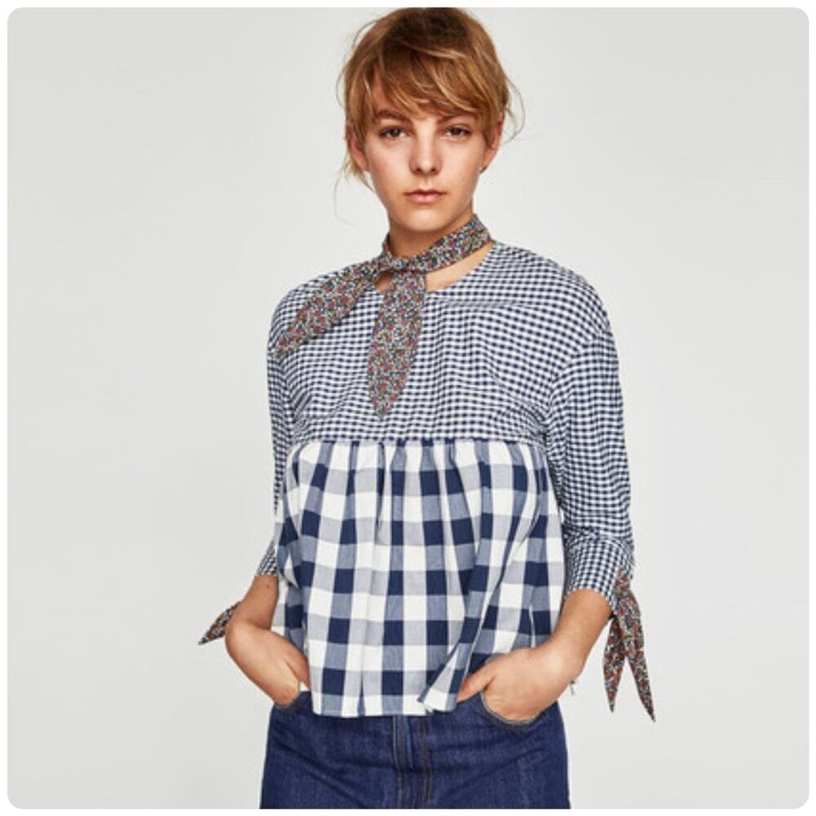 Zara Chic Gingham Blouse with Floral Accents Ties XS cottage pixie babydoll