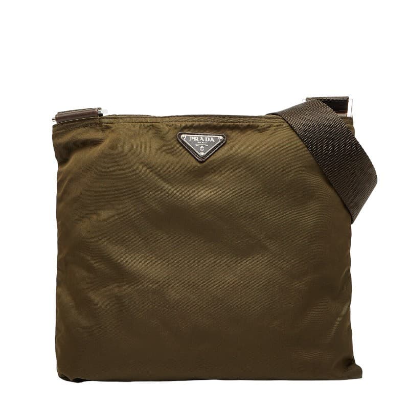 Prada Triangular Logo Plate Shoulder Bag Khaki Green Nylon Vintage Authentic