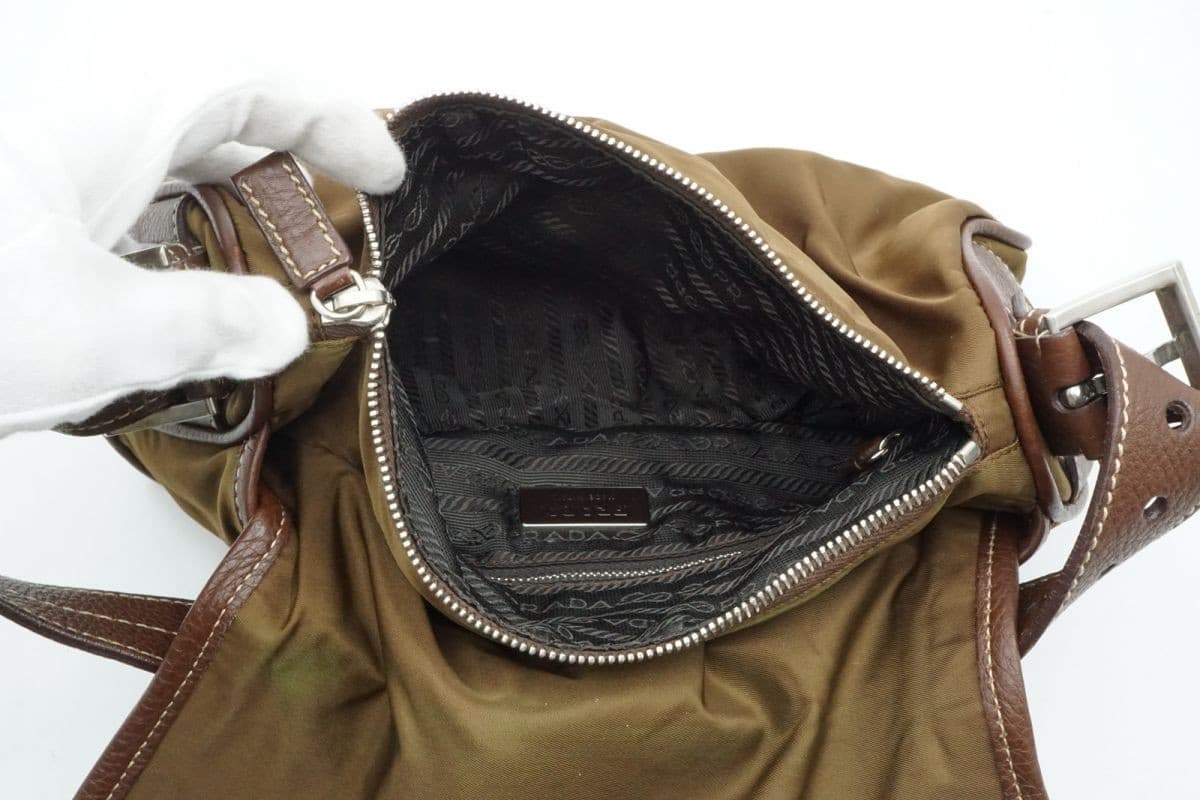 Prada Tessuto Nylon Leather Brown Semi Shoulder Bag Vintage Authentic thumbnail 9
