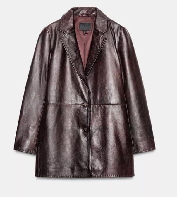 Zara 100% LEATHER TOPSTITCHING COAT BLAZER JACKET BURGUNDY size M 5601/799 £229 thumbnail 4