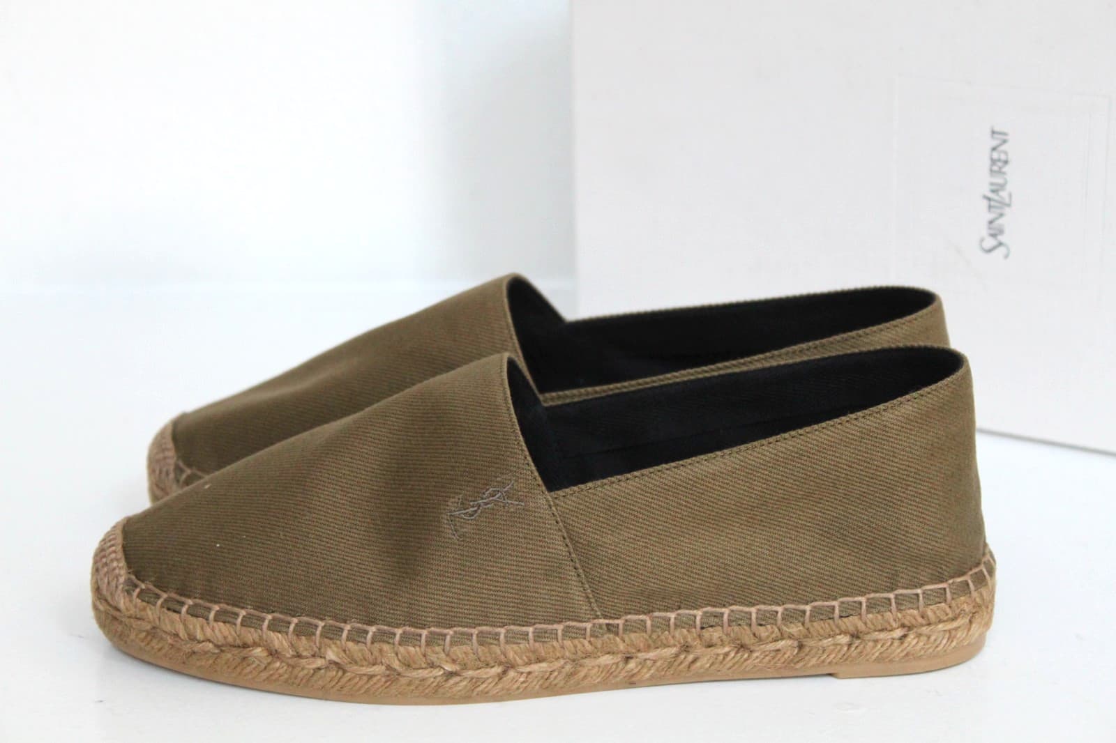 New sz  8.5 / 39 YSL Logo Saint Laurent Cactus Olive Canvas Espadrille Flat Shoe