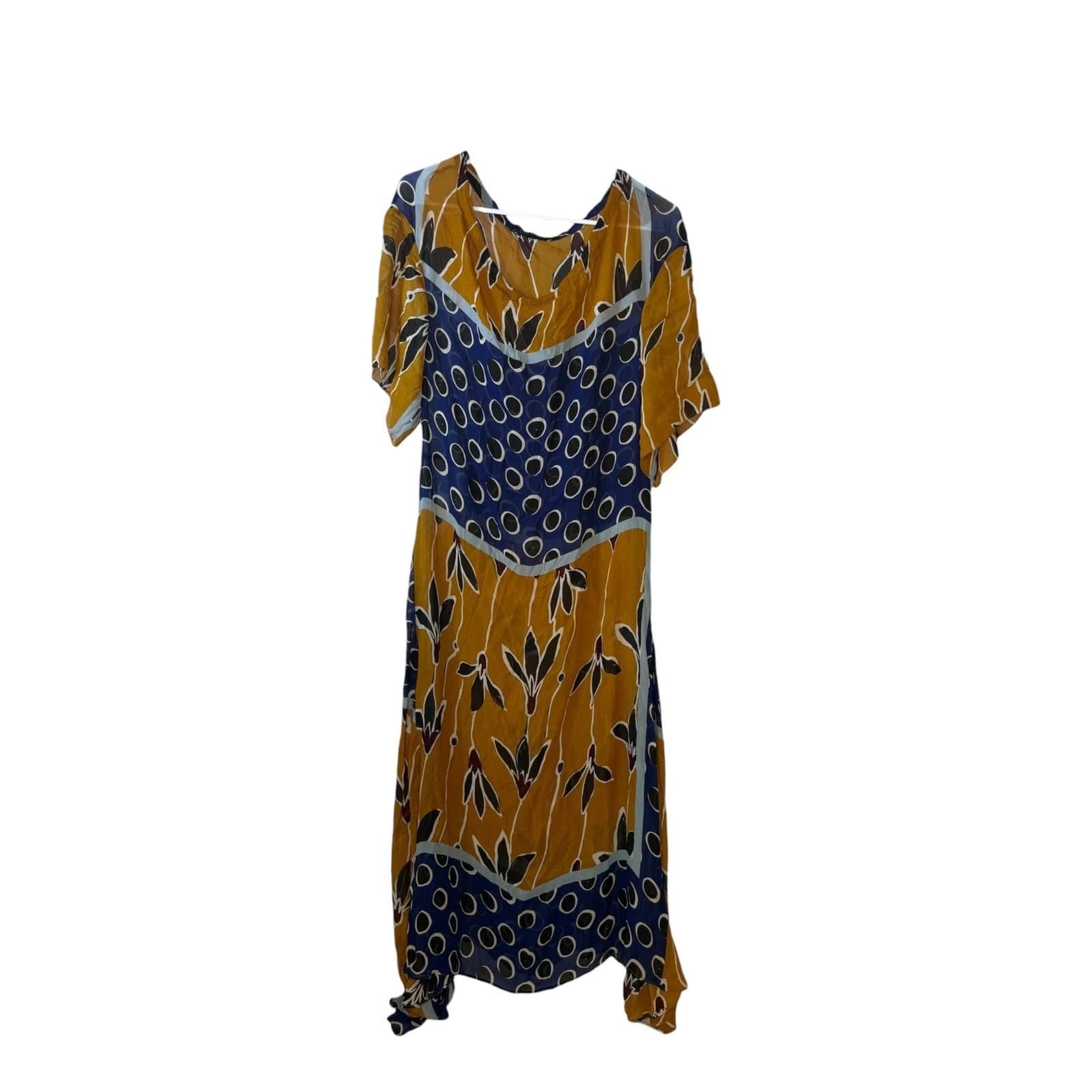Zara Printed Midi Dress with High-Low Hem in Navy and Mustard