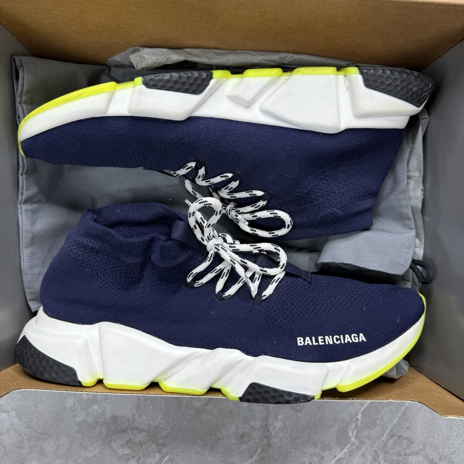 Balenciaga Speed Lace Up Navy White Neon Yellow Sneakers Men’s 13 