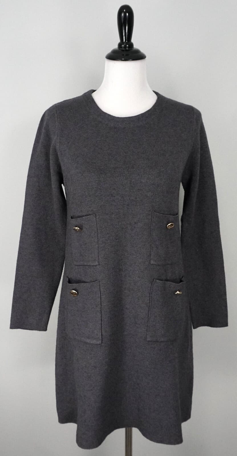 ZARA Knit Gray Long Sleeve Stretch Gold Button Shift Dress Size Large