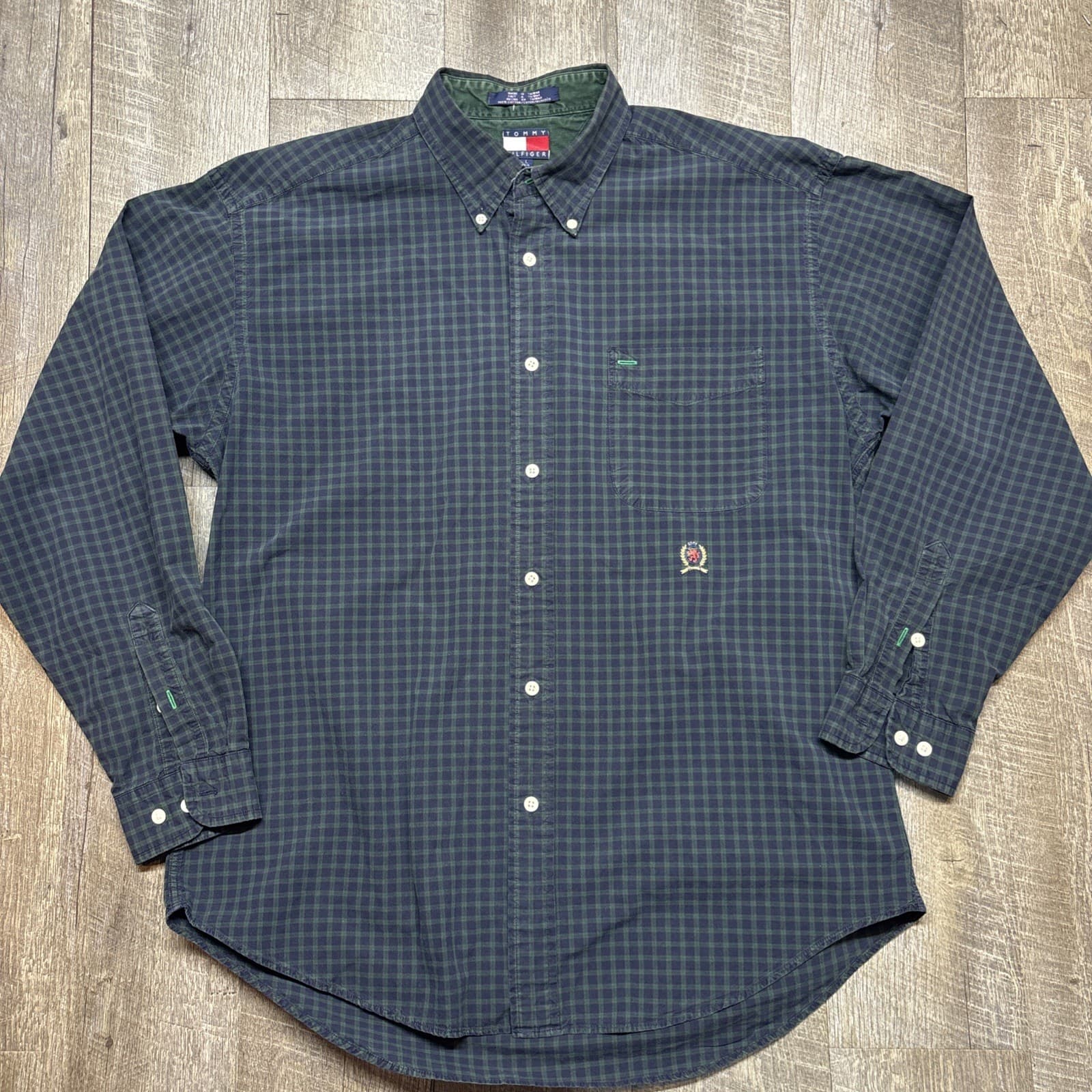 Vtg Tommy Hilfiger Shirt Men’s Large Blue Green Plaid Long Sleeve Button Down