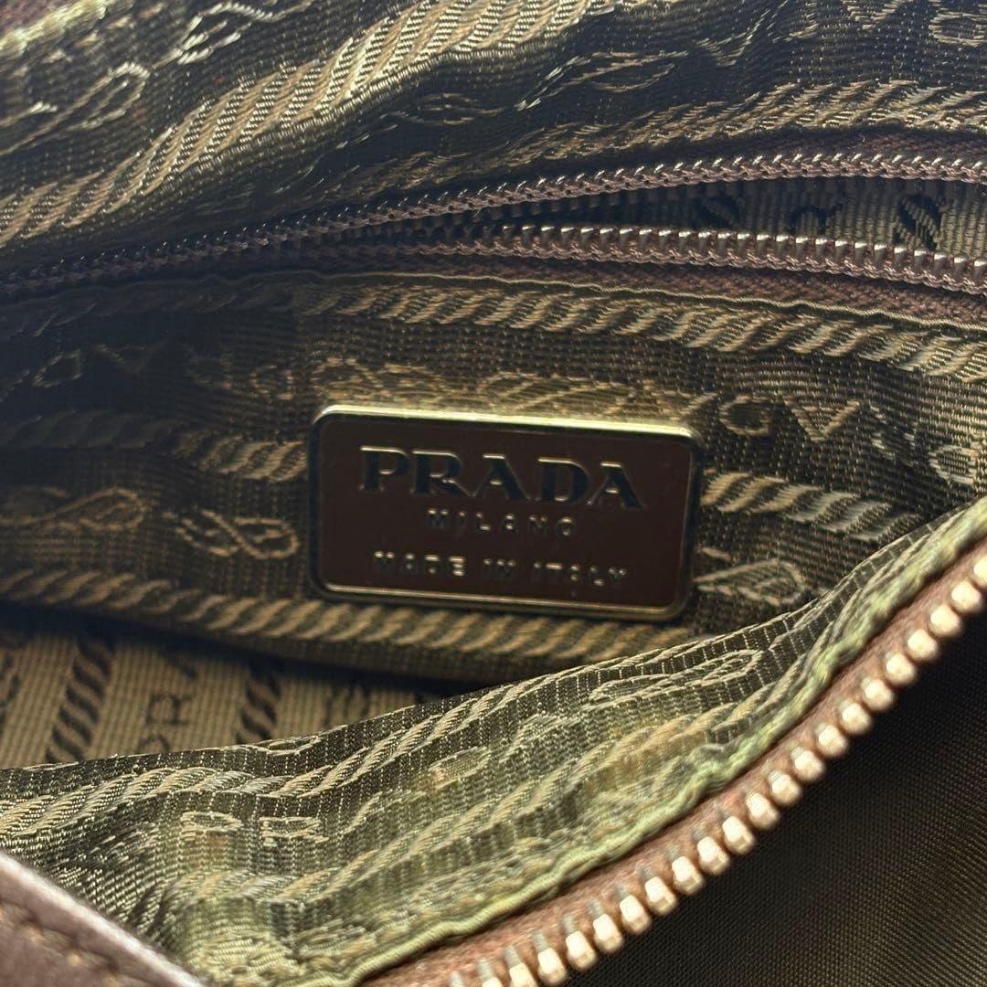 PRADA Khaki Nylon Leather Shoulder Bag Black Silver Small Solid Zip Fashion thumbnail 7