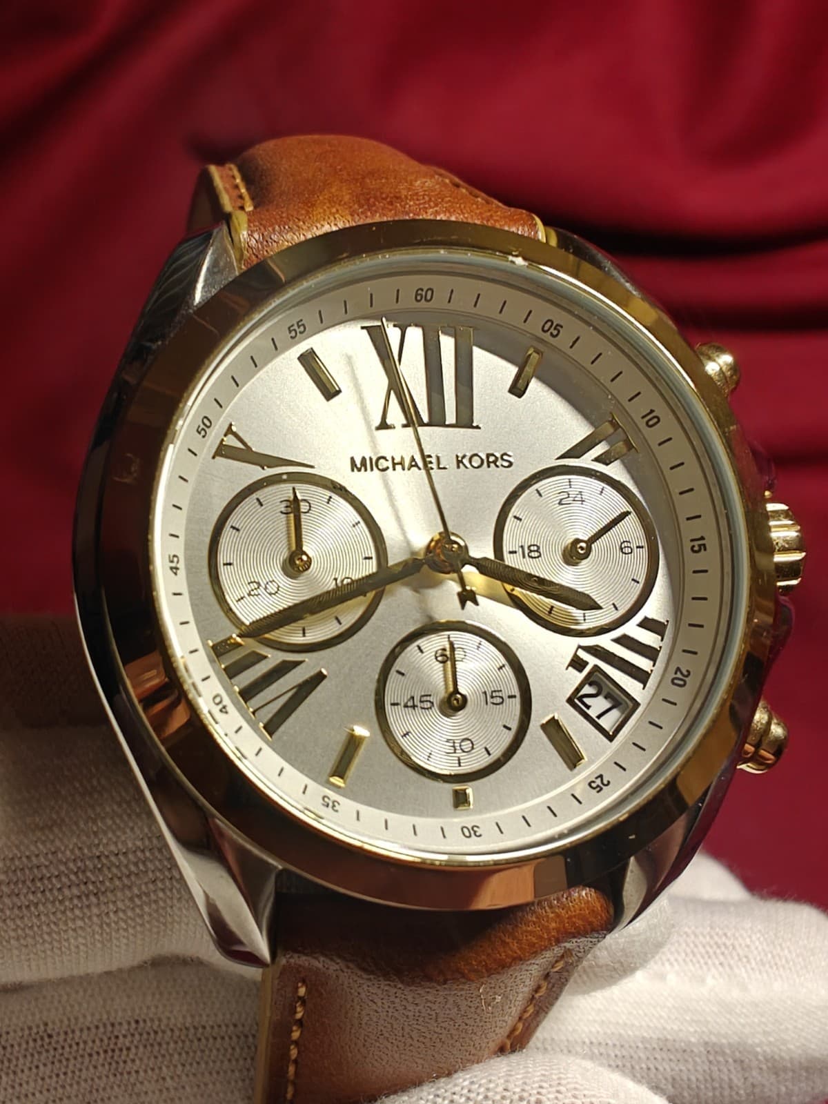 Michael Kors Chronograph Quartz Watch Brown Leather Gold Silver Box