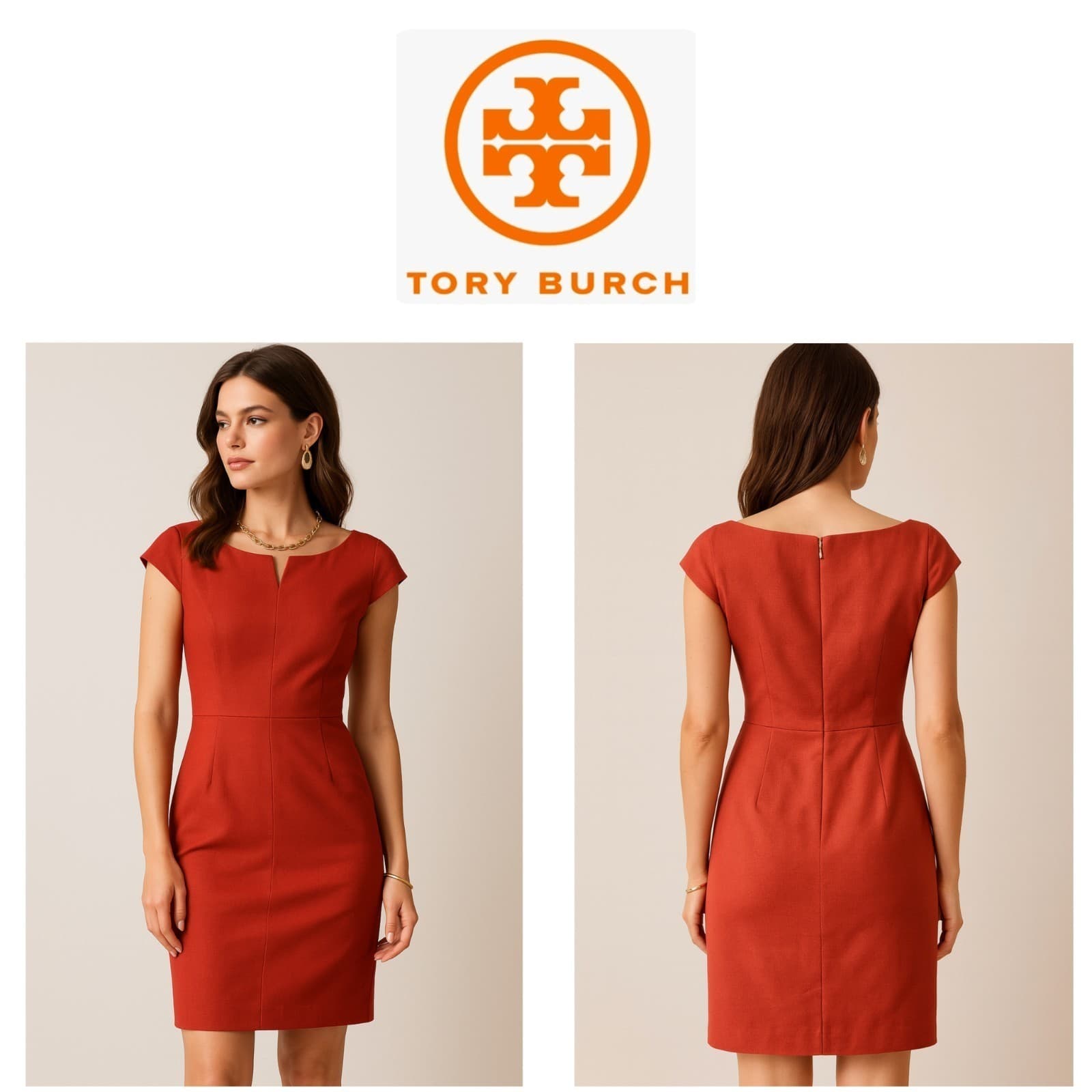 Tory Burch Rust Orange Sheath Dress Size 12 Wool Blend Cap Sleeve Knee Length